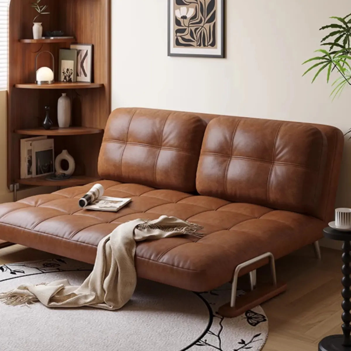 Convertible Brown Twin Tufted Leather Storage Included Futon Image - 6