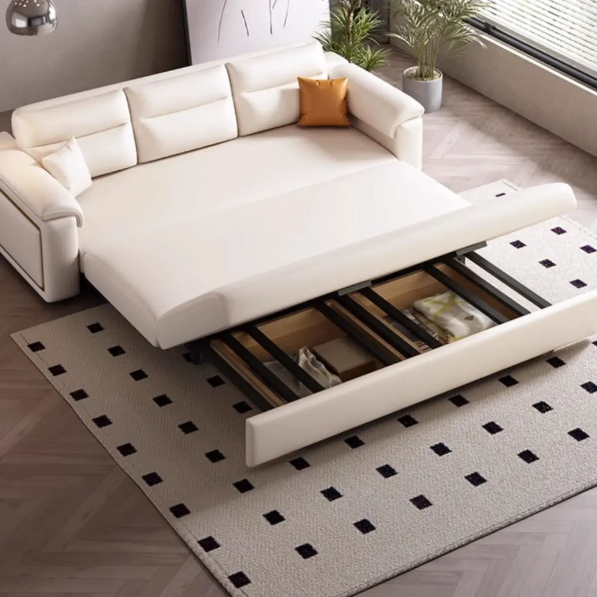 Convertible Leather Modern White Storage Sofa Bed Futon Image - 4