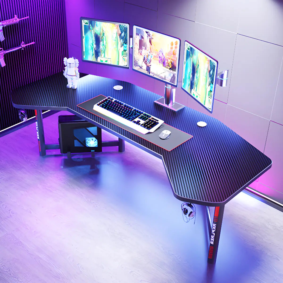 Cool Black Free Form Wood Top L-Shape Metal Gaming Desk Image - 5