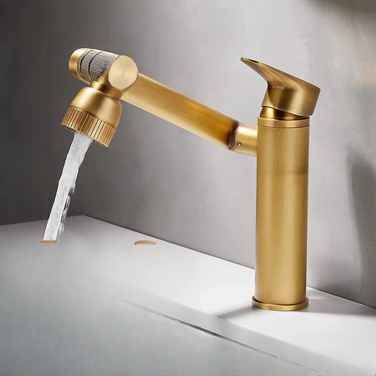 Copper High Arc Swivel Spout Gold Bathroom Sink Faucet Image - 9