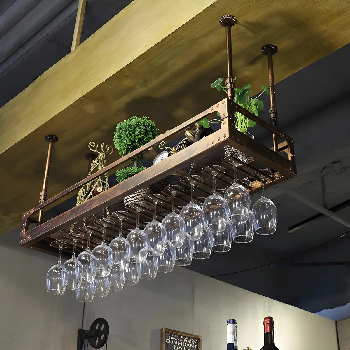 Copper Industrial Metal Hanging Stemware Holder Wine Rack Image - 19