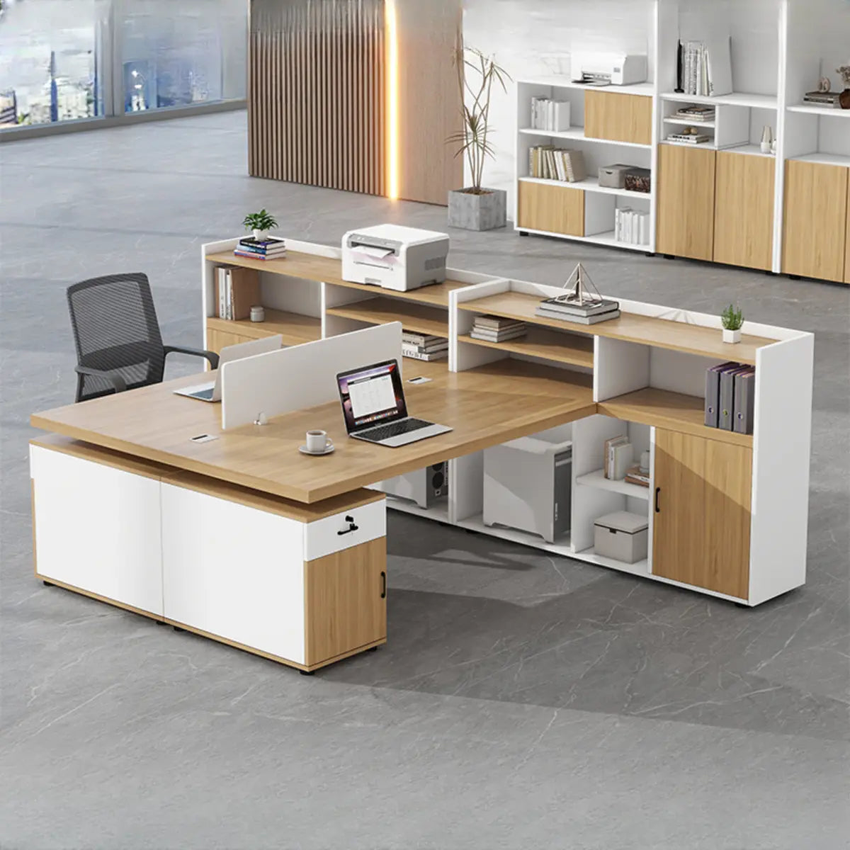 Corner Oak L-Shaped Storage Computer Desk Set with Chairs Image - 1