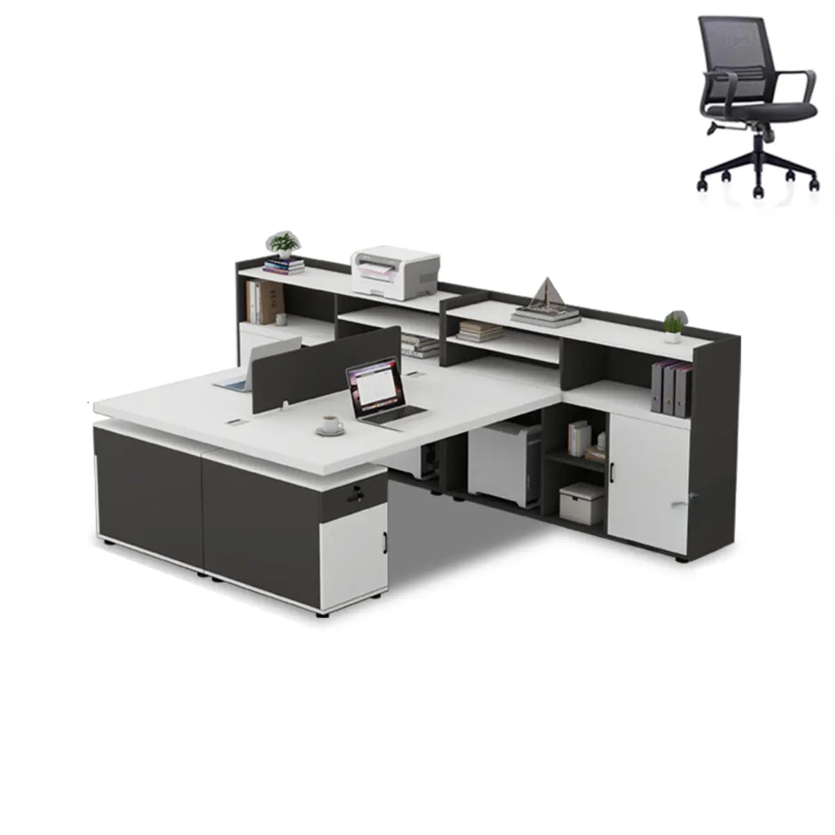 Corner Oak L-Shaped Storage Computer Desk Set with Chairs Image - 11