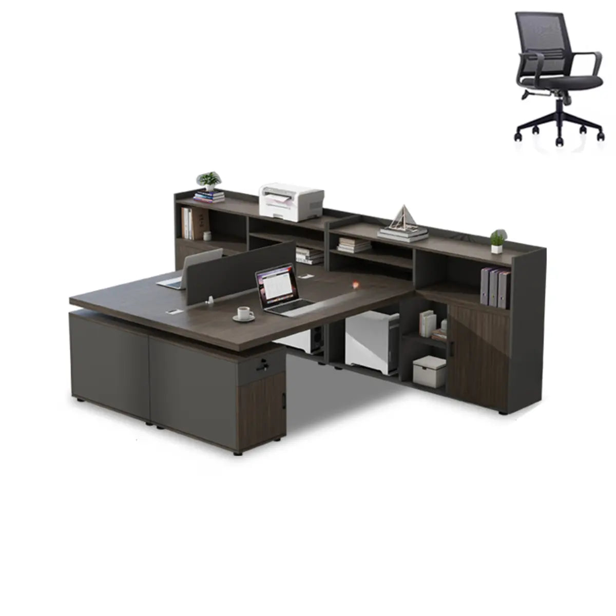 Corner Oak L-Shaped Storage Computer Desk Set with Chairs Image - 13