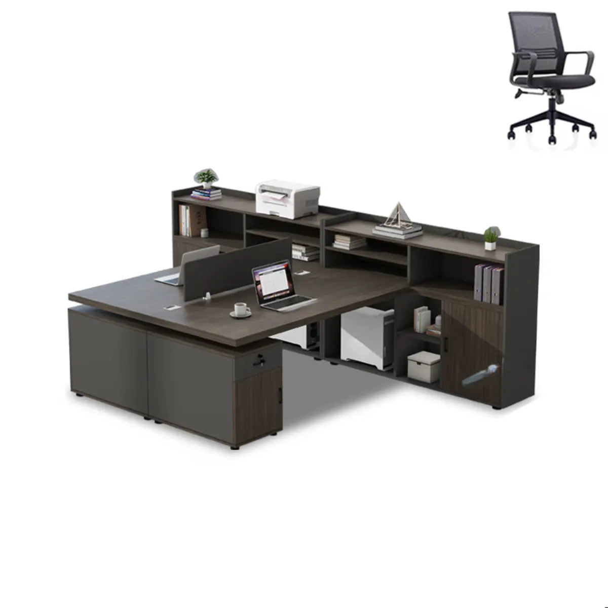 Corner Oak L-Shaped Storage Computer Desk Set with Chairs Image - 15