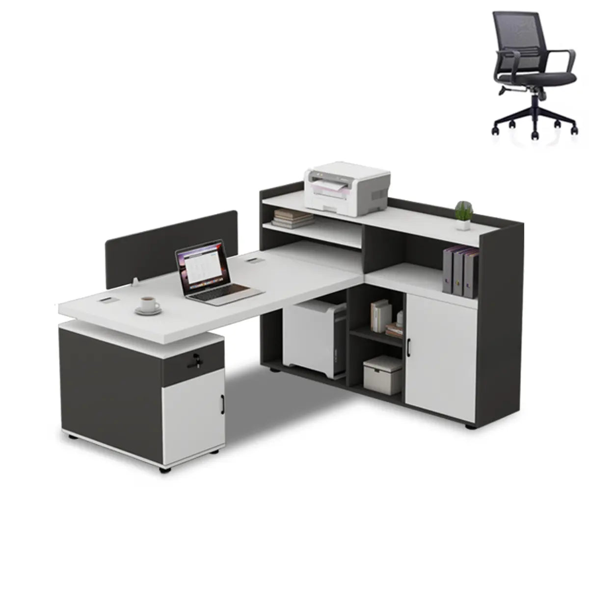 Corner Oak L-Shaped Storage Computer Desk Set with Chairs Image - 16