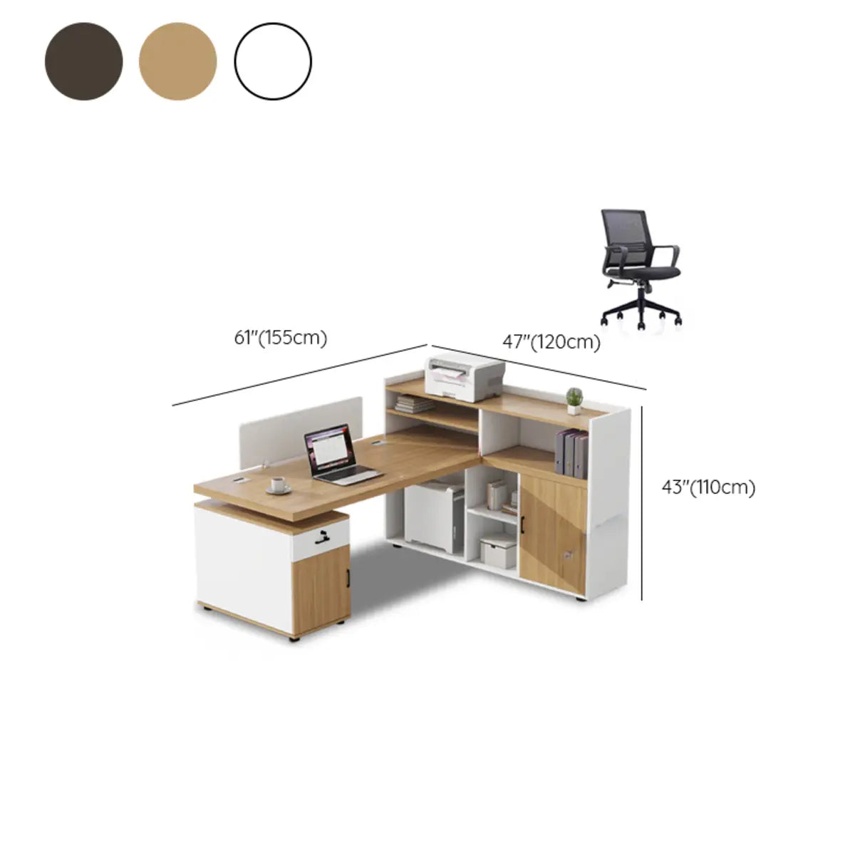 Corner Oak L-Shaped Storage Computer Desk Set with Chairs 