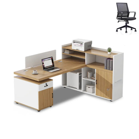 Corner Oak L-Shaped Storage Computer Desk Set with Chairs Image - 2