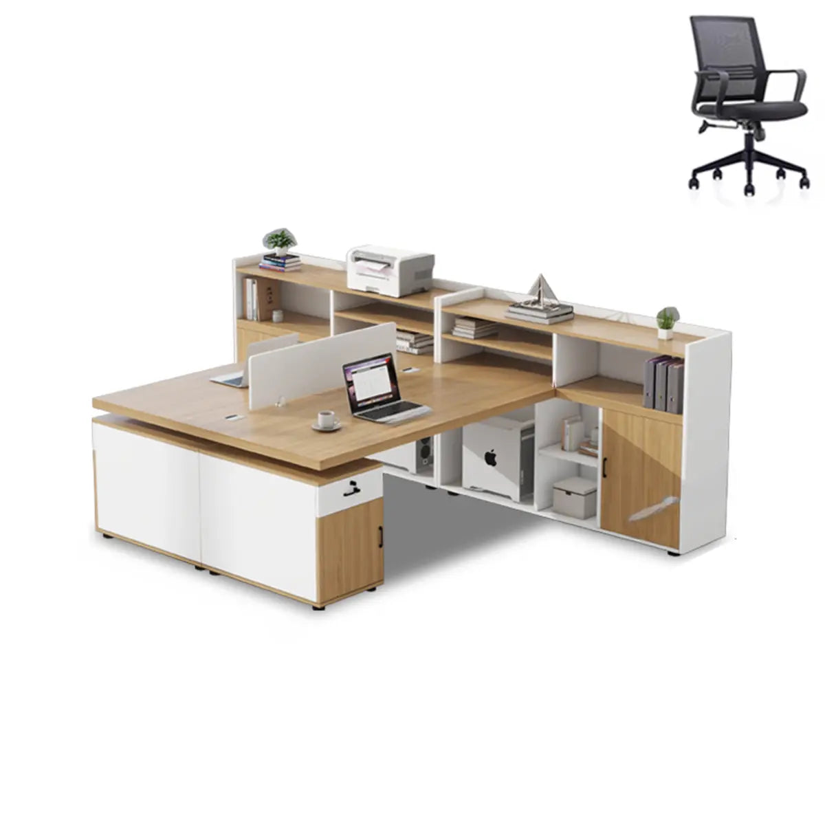 Corner Oak L-Shaped Storage Computer Desk Set with Chairs Image - 3