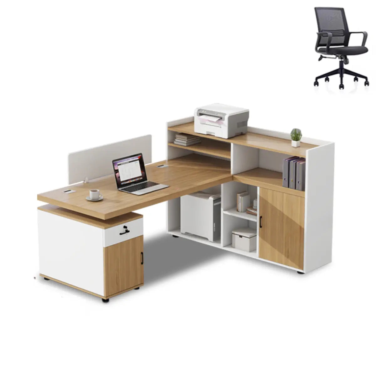 Corner Oak L-Shaped Storage Computer Desk Set with Chairs Image - 5