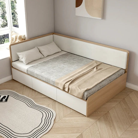 Corner White Wood Panel Bed with Storage and Guardrail Image - 2