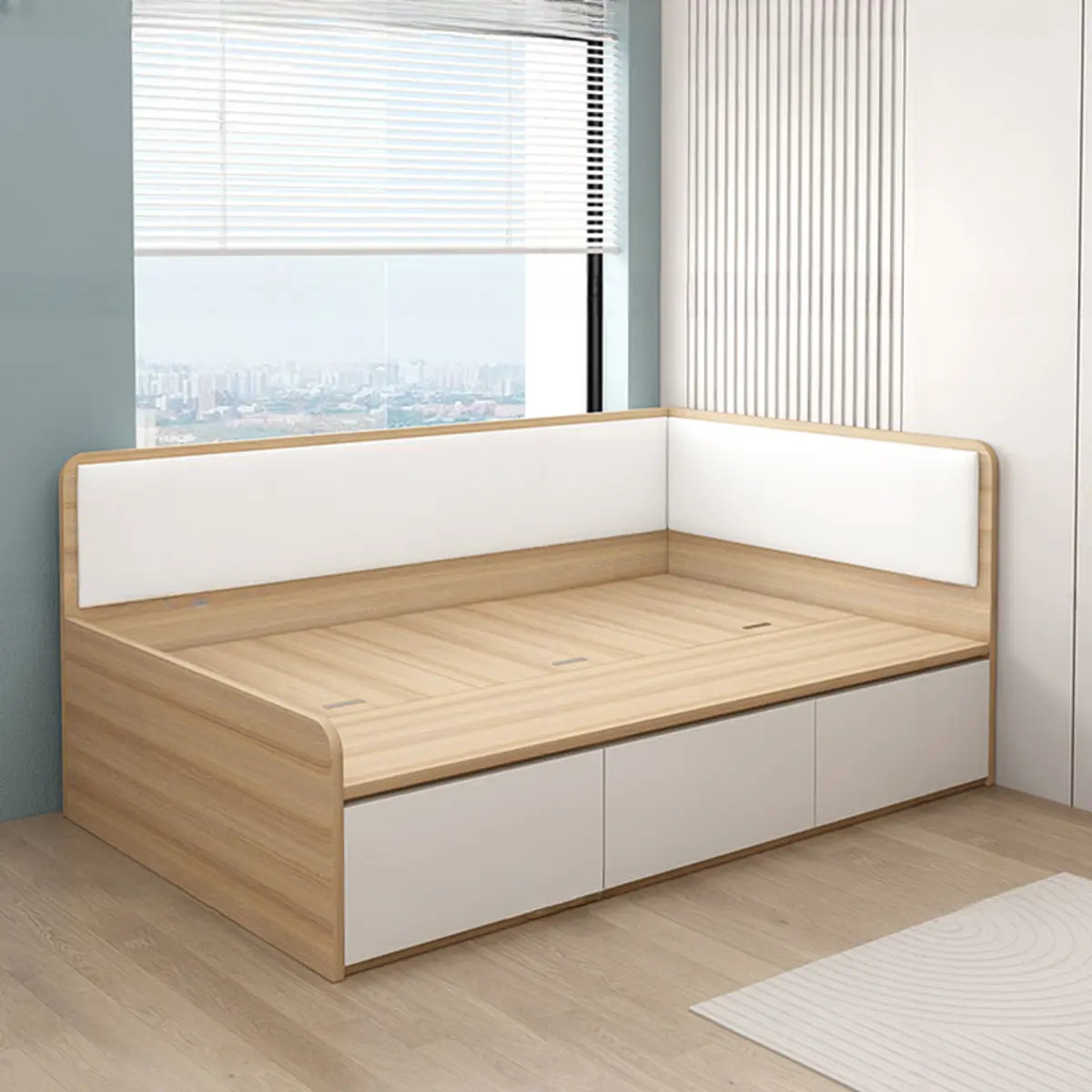 Corner Wood Natural Finish Storage Bed with Headboard Image - 1