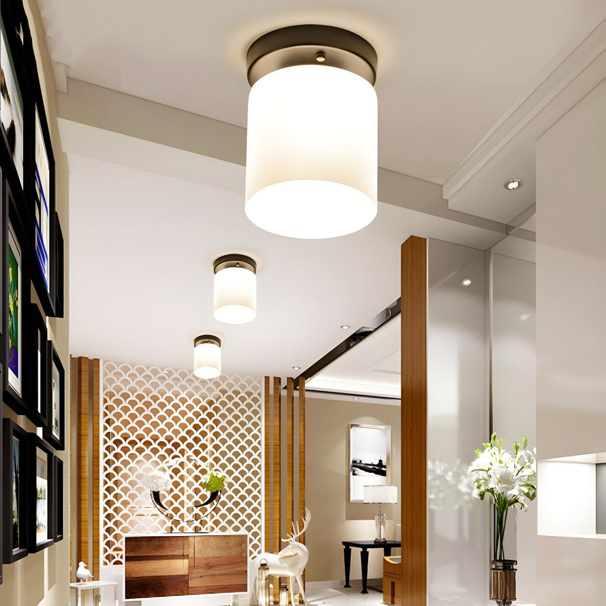 Corridor Black Cylinder Glass Flush Mount Ceiling Light Image - 1