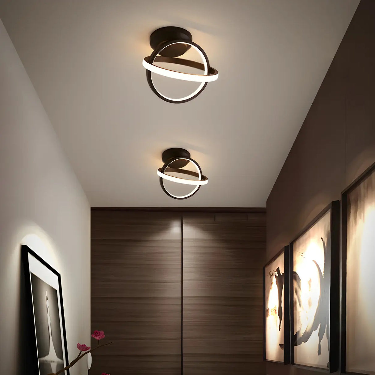 Corridor Black Dual Ring LED Semi-Flush Mount Light Image - 4