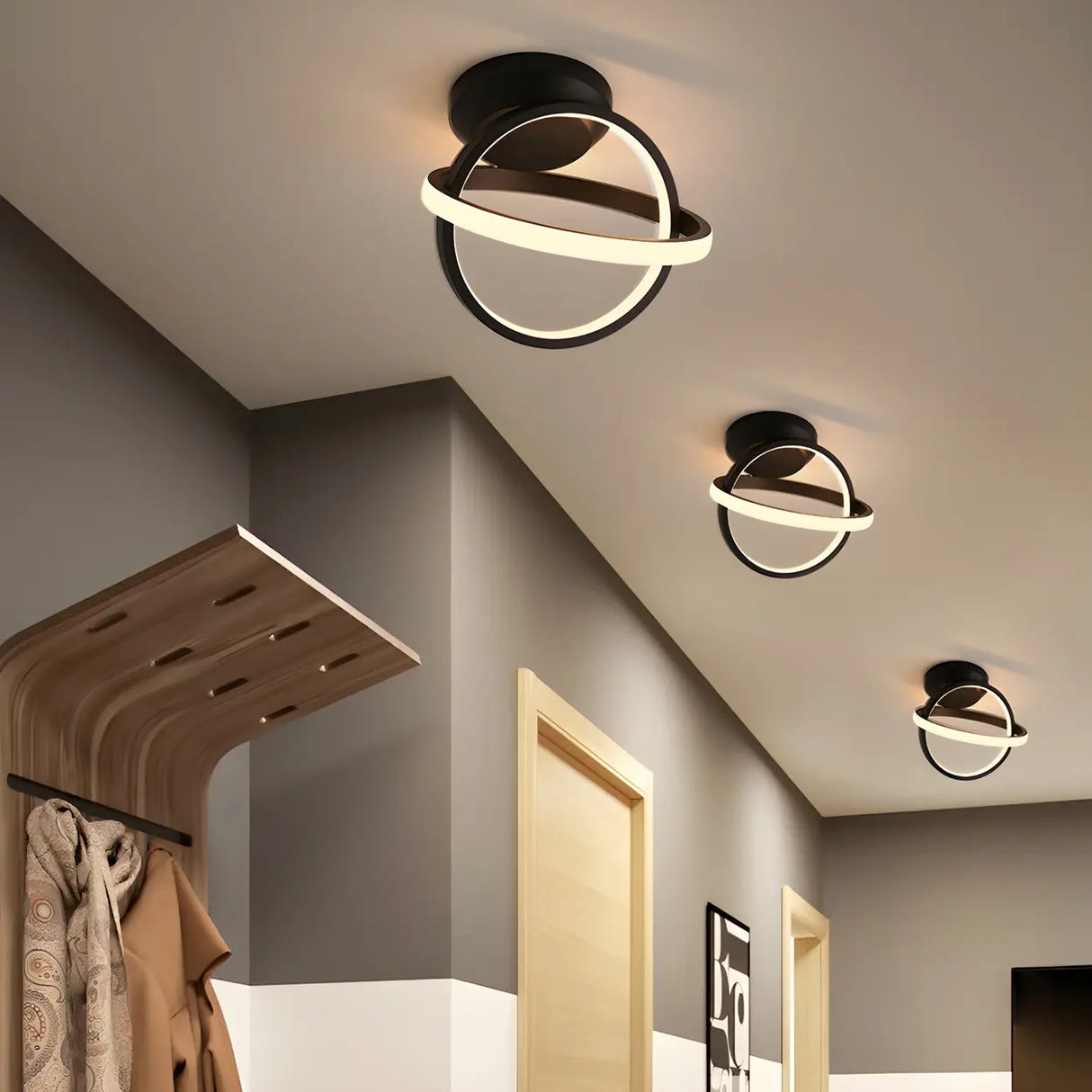 Corridor Black Dual Ring LED Semi-Flush Mount Light Image - 8