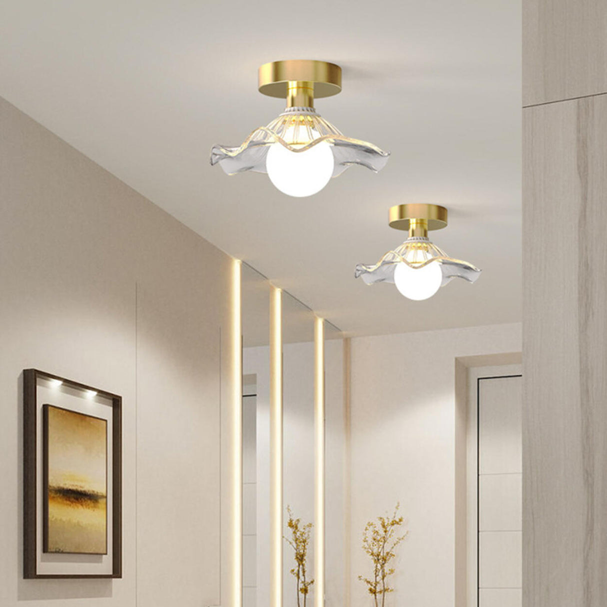 Corridor Brass Flower Clear Glass Semi-Flush Mount Lamp Image - 1