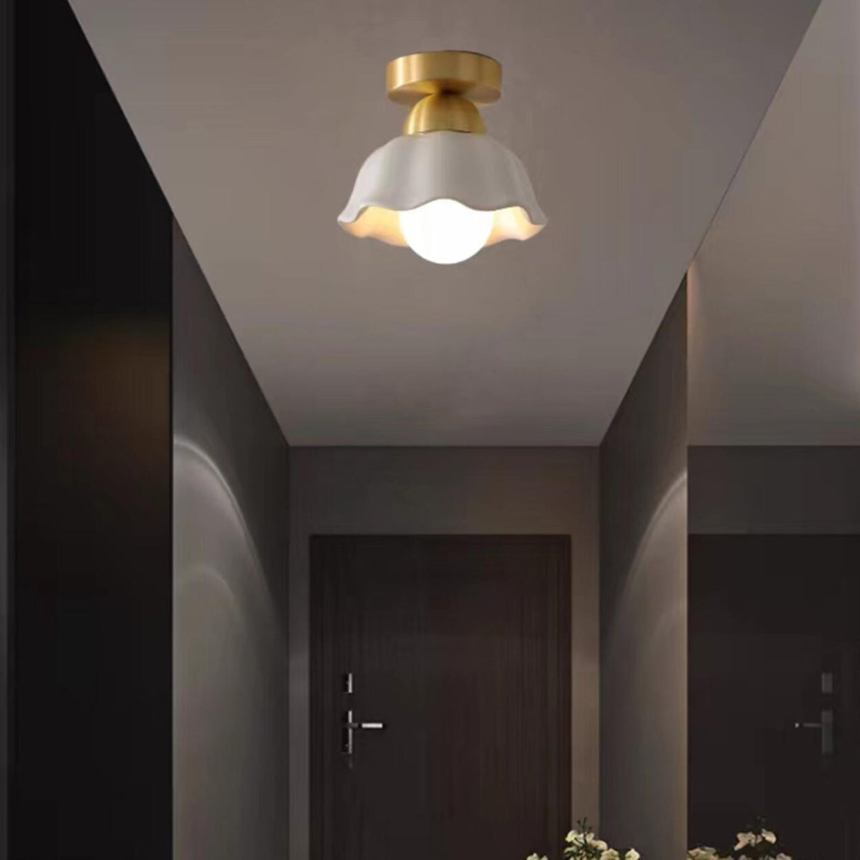 Corridor Ceramic Flower Brass Semi-Flush Mount Light Image - 1