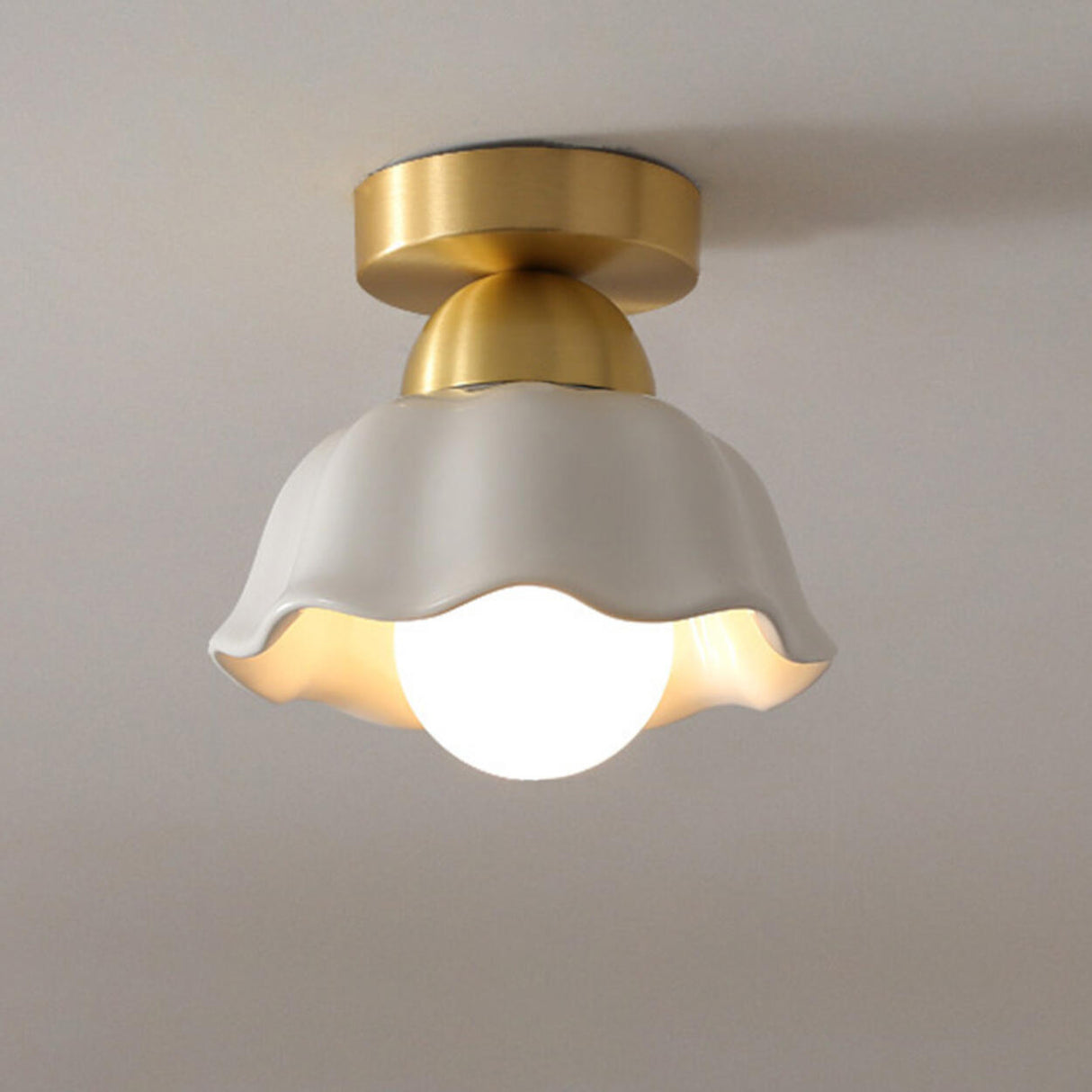 Corridor Ceramic Flower Brass Semi-Flush Mount Light Image - 4