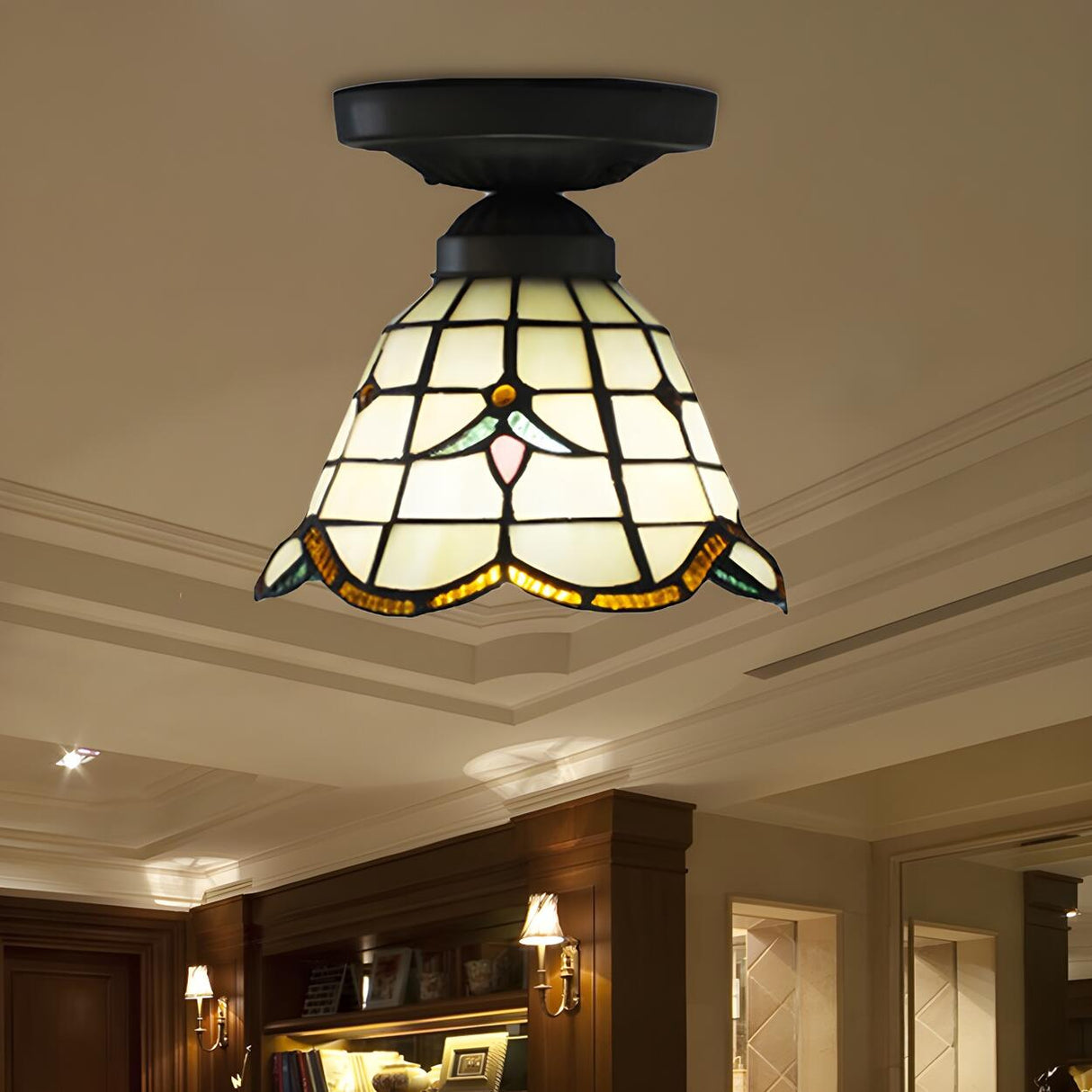 Corridor Craftsman Cone Stained Glass Flush Mount Light Image - 1