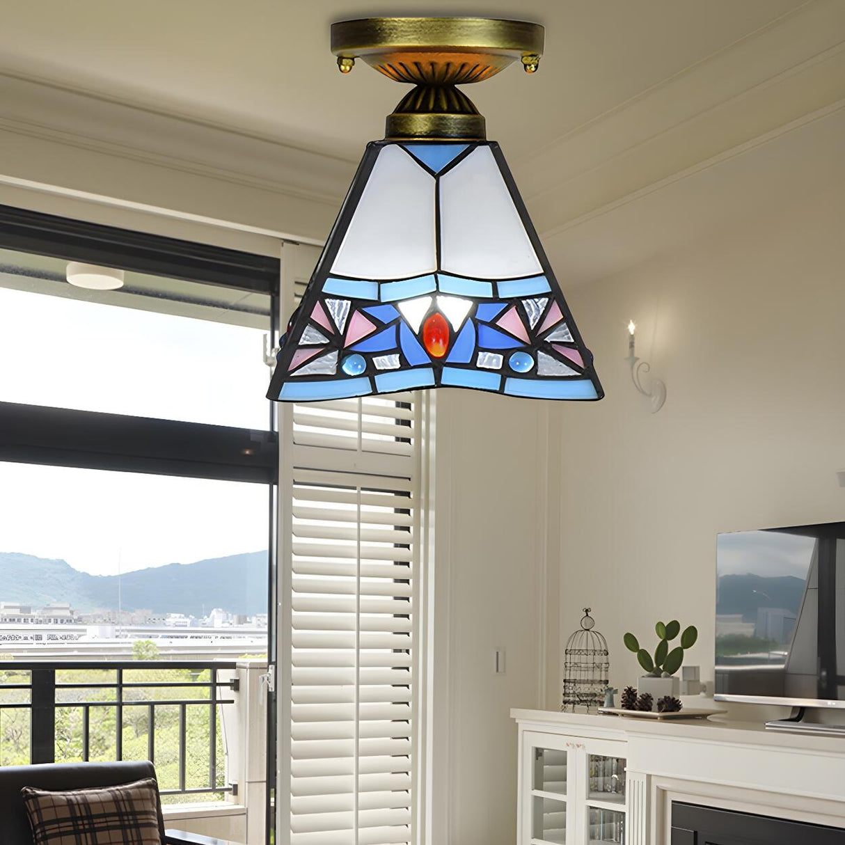 Corridor Craftsman Cone Stained Glass Flush Mount Light Image - 10