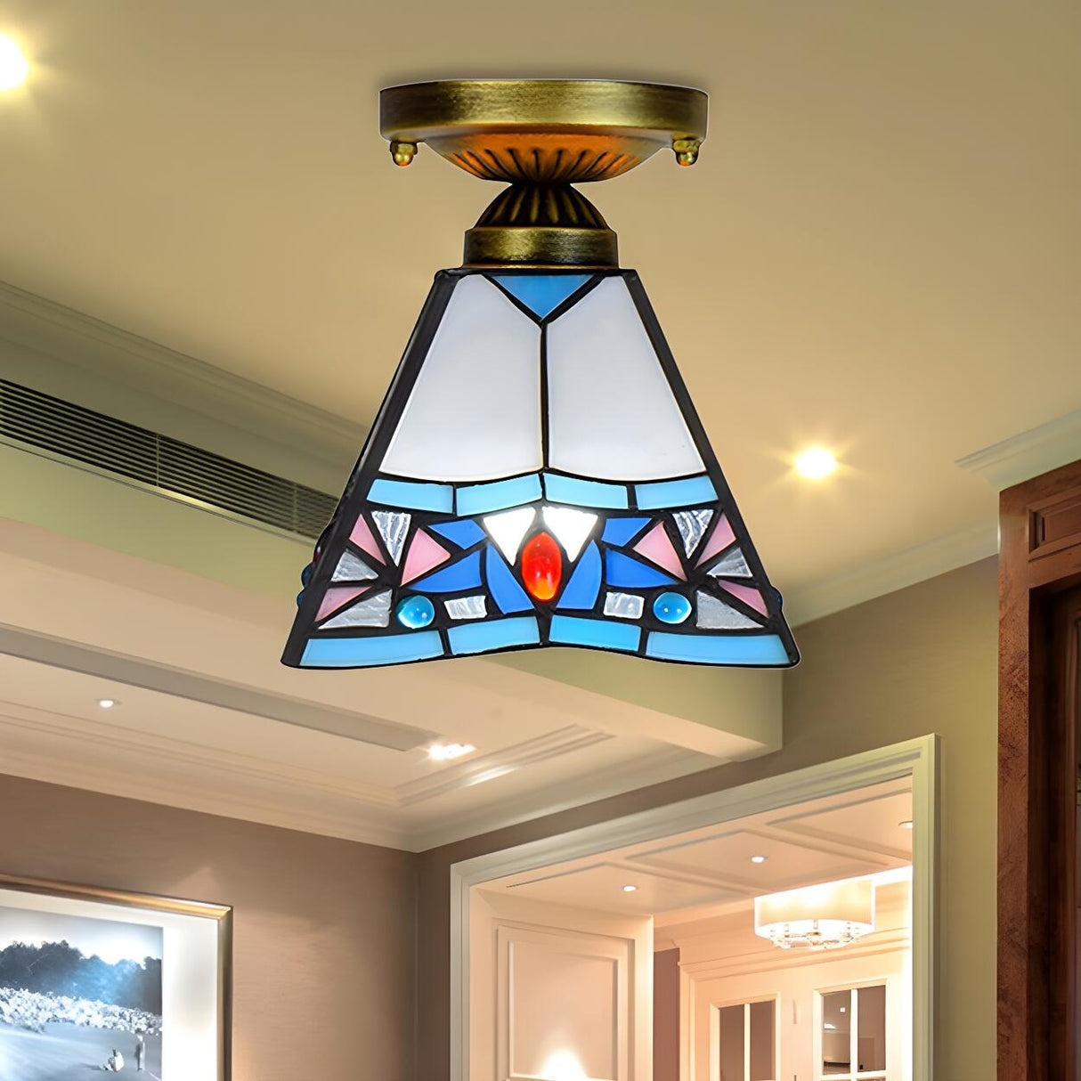 Corridor Craftsman Cone Stained Glass Flush Mount Light Image - 11