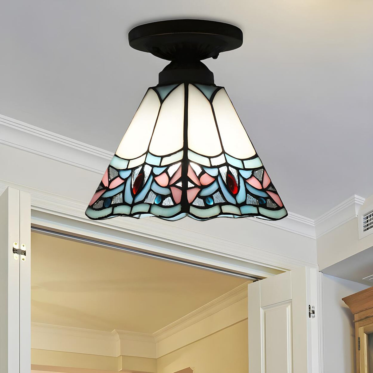 Corridor Craftsman Cone Stained Glass Flush Mount Light Image - 14