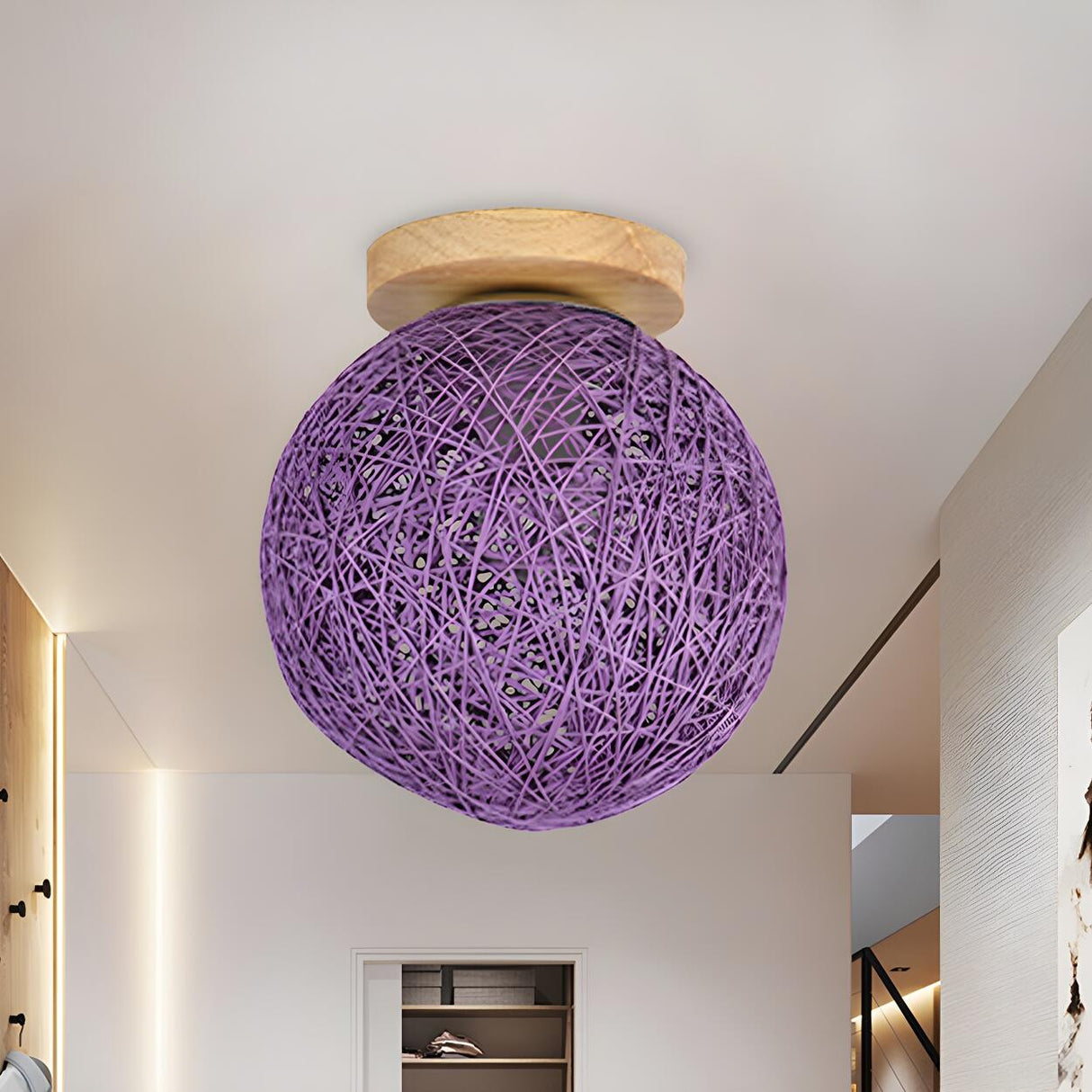 Corridor Flaxen Rattan Globe Flush Mount Ceiling Light Image - 18