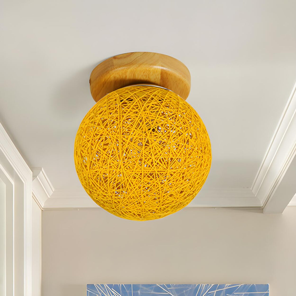 Corridor Flaxen Rattan Globe Flush Mount Ceiling Light Image - 2