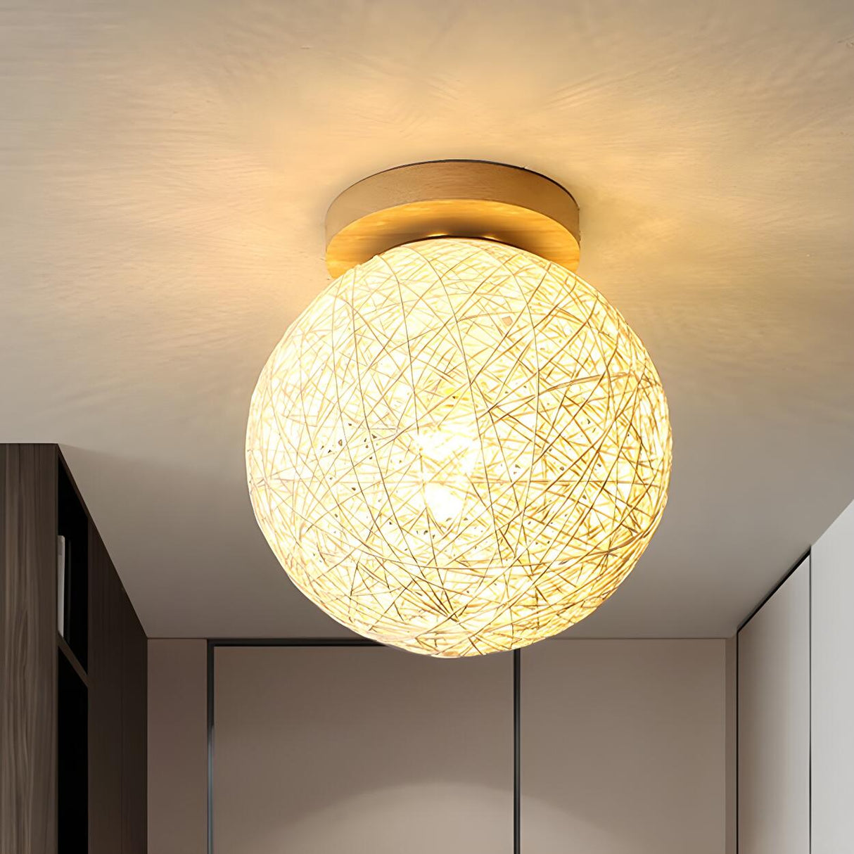 Corridor Flaxen Rattan Globe Flush Mount Ceiling Light Image - 33