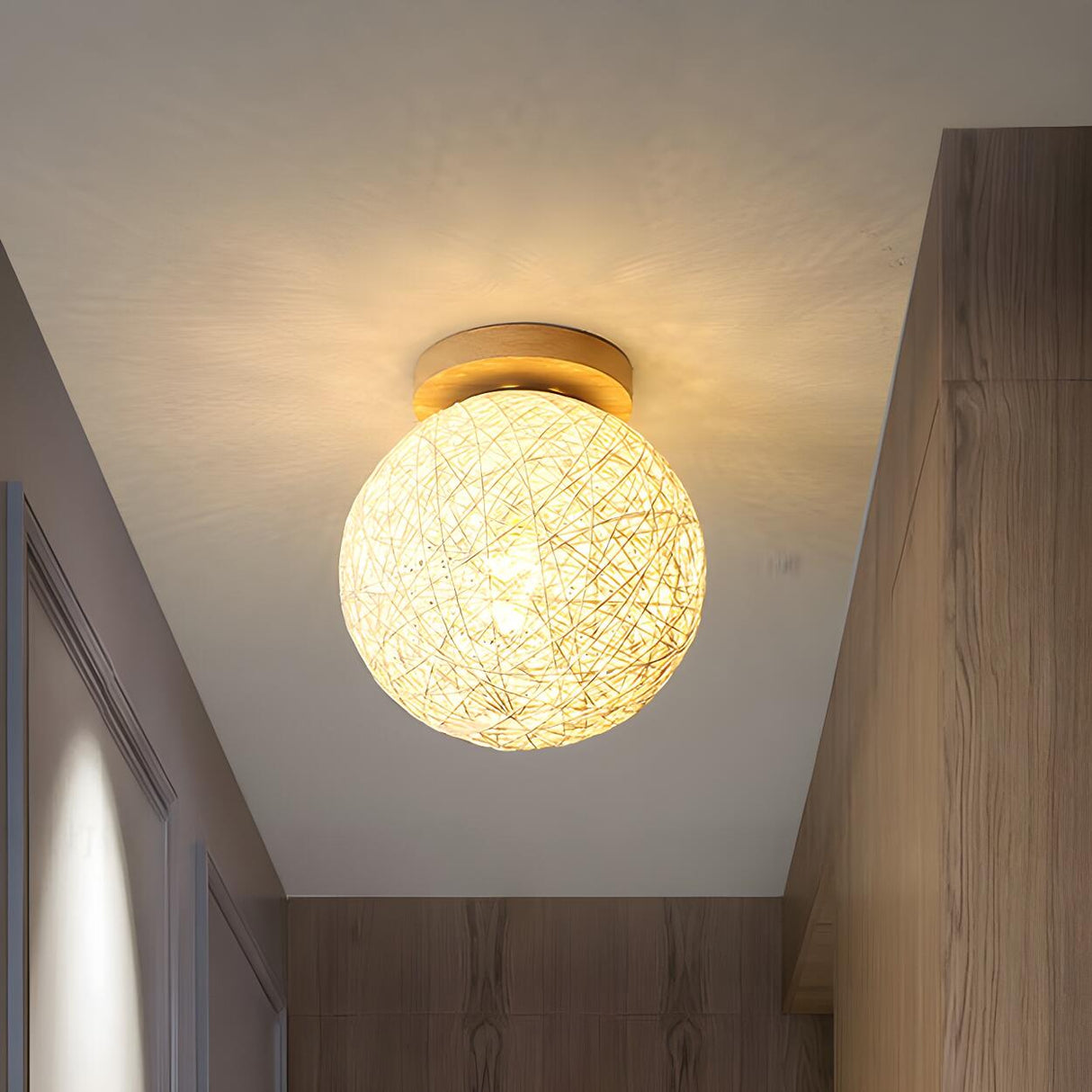 Corridor Flaxen Rattan Globe Flush Mount Ceiling Light Image - 35