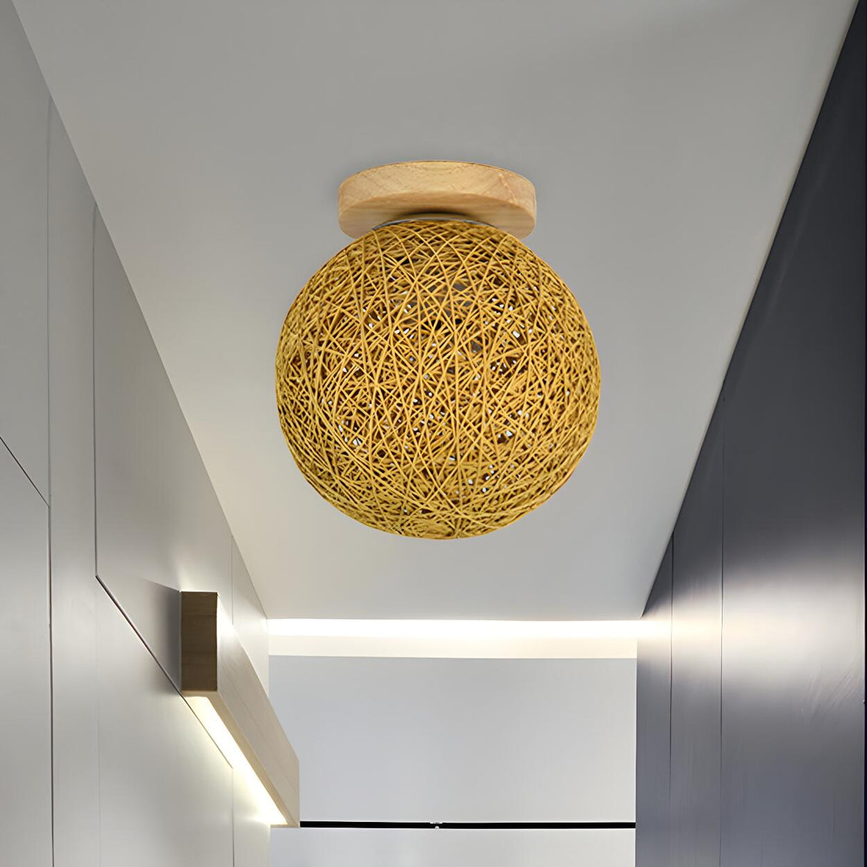 Corridor Flaxen Rattan Globe Flush Mount Ceiling Light Image - 38