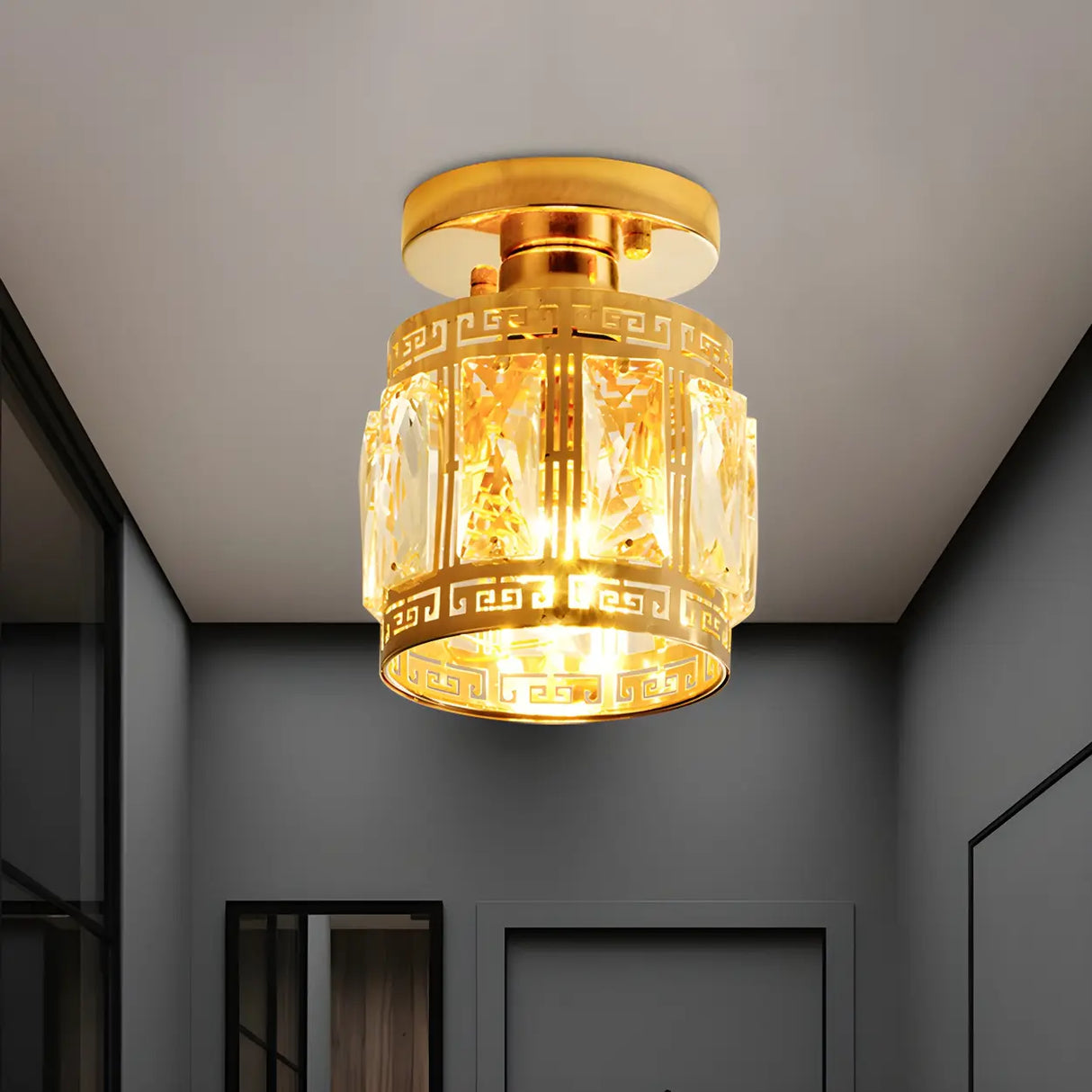 Corridor Gold Crystal Cylinder Flush Mount Ceiling Lamp Image - 1