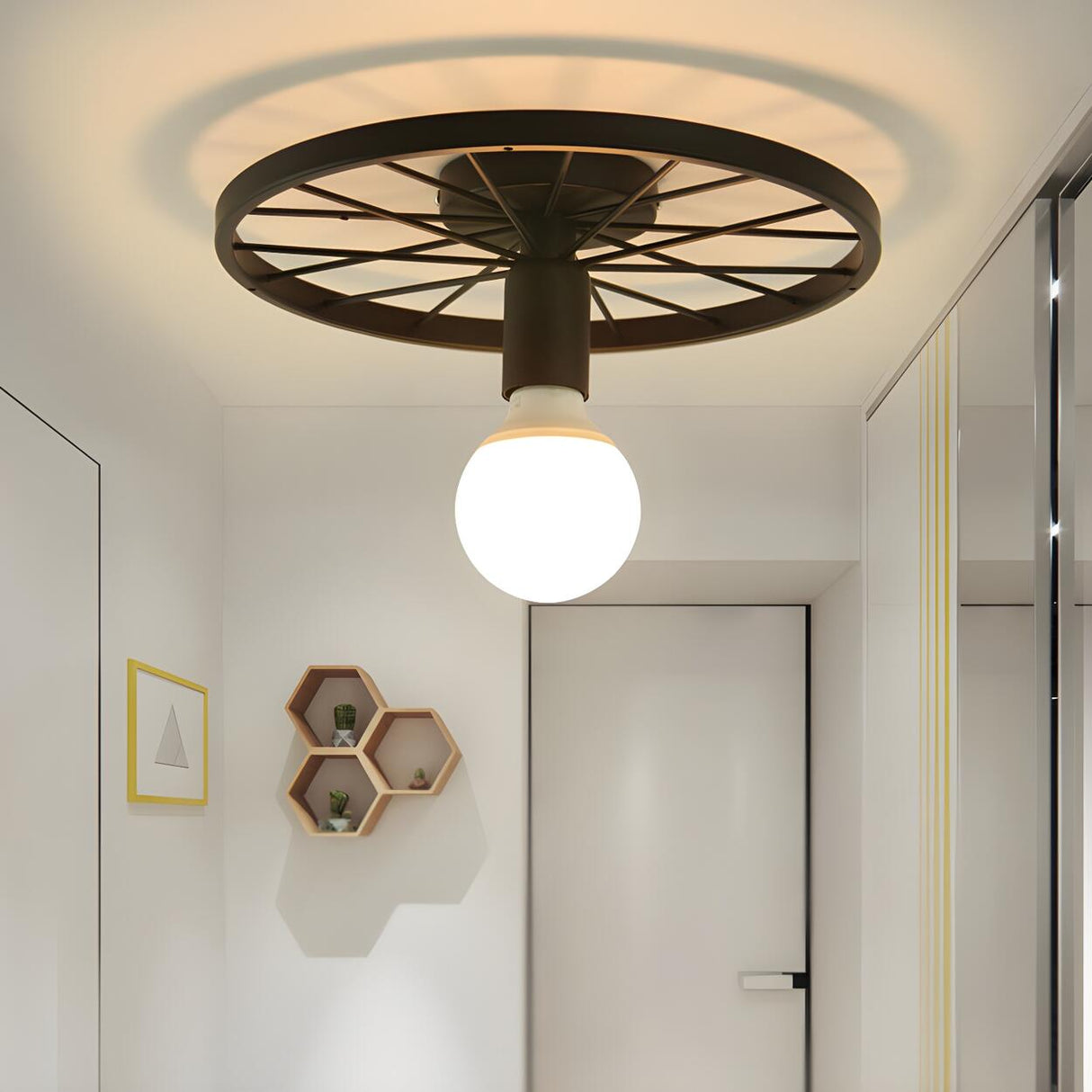 Corridor Retro Black Wheel-Shaped Semi-Flush Mount Lamp Image - 2