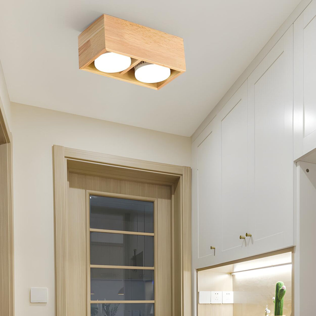 Corridor Square Box Wood Flush Mount Light 4-Light Image - 3