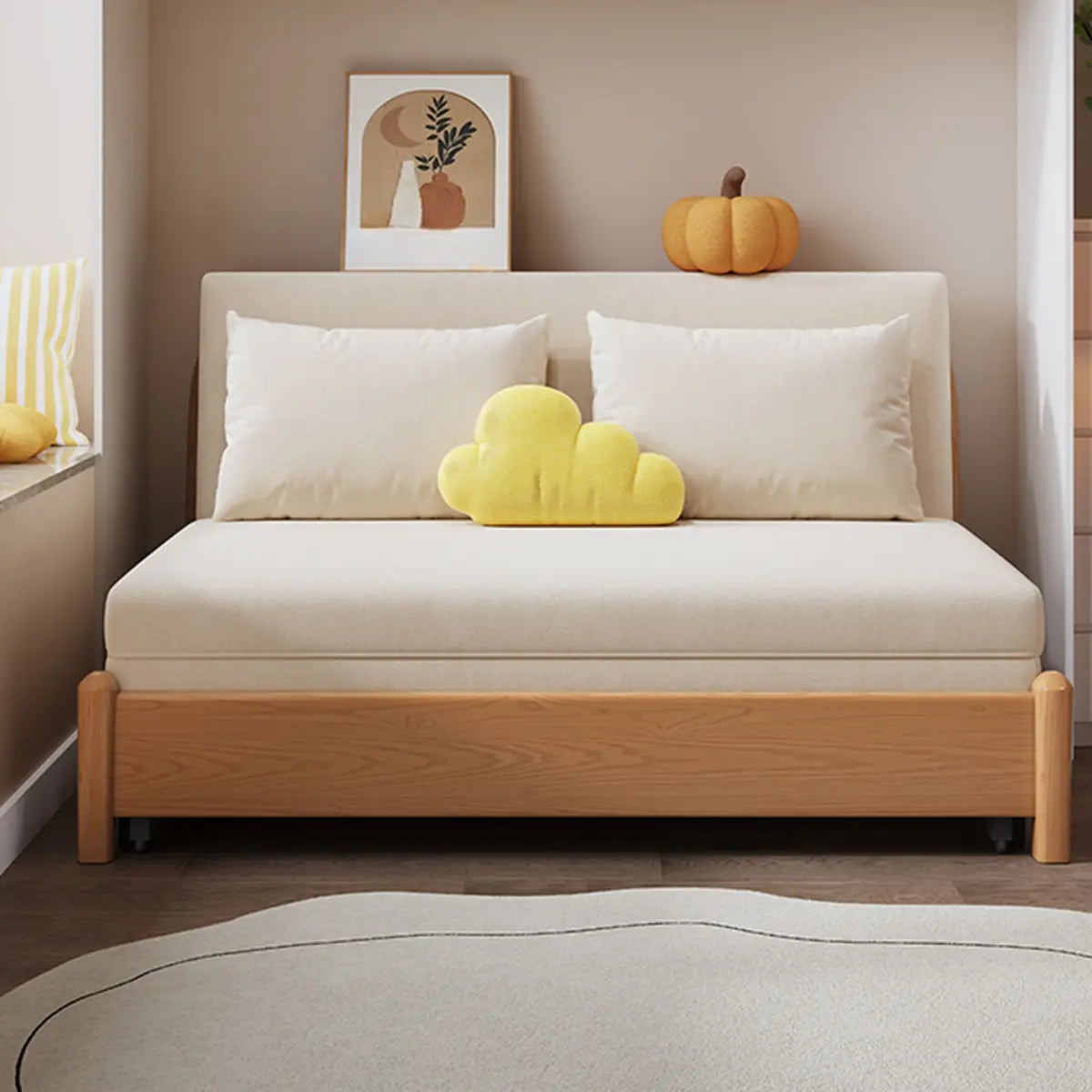 Cozy White Twin Size Natural Wood Armless Futon Sofa Bed Image - 7