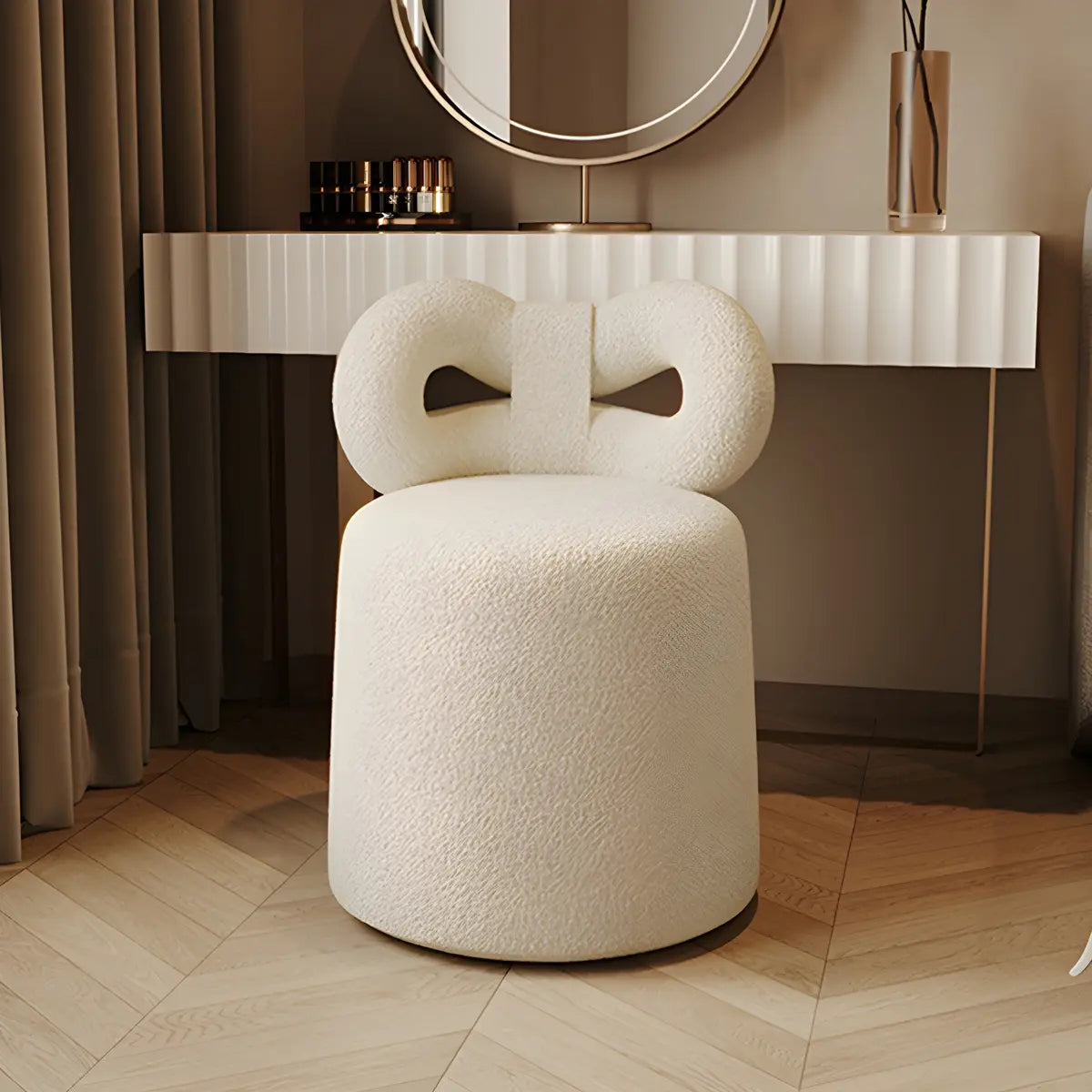 Cream Drum Upholstered Bow Back Swivel Vanity Stool Image - 1