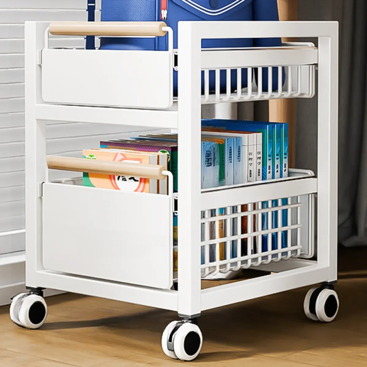 Cream Grey Metal Utility Carts with Bins and Shelves Image - 2