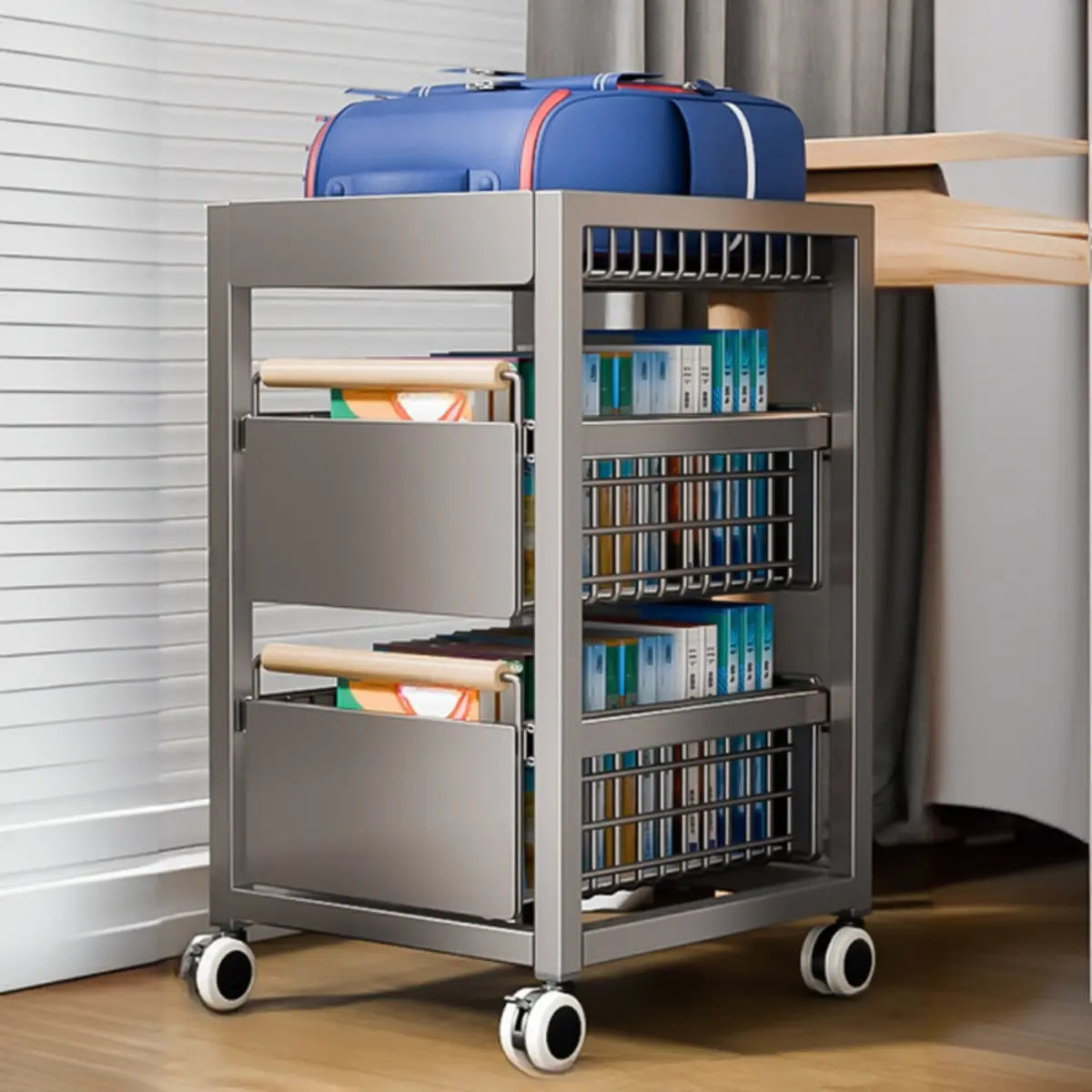 Cream Grey Metal Utility Carts with Bins and Shelves Image - 7