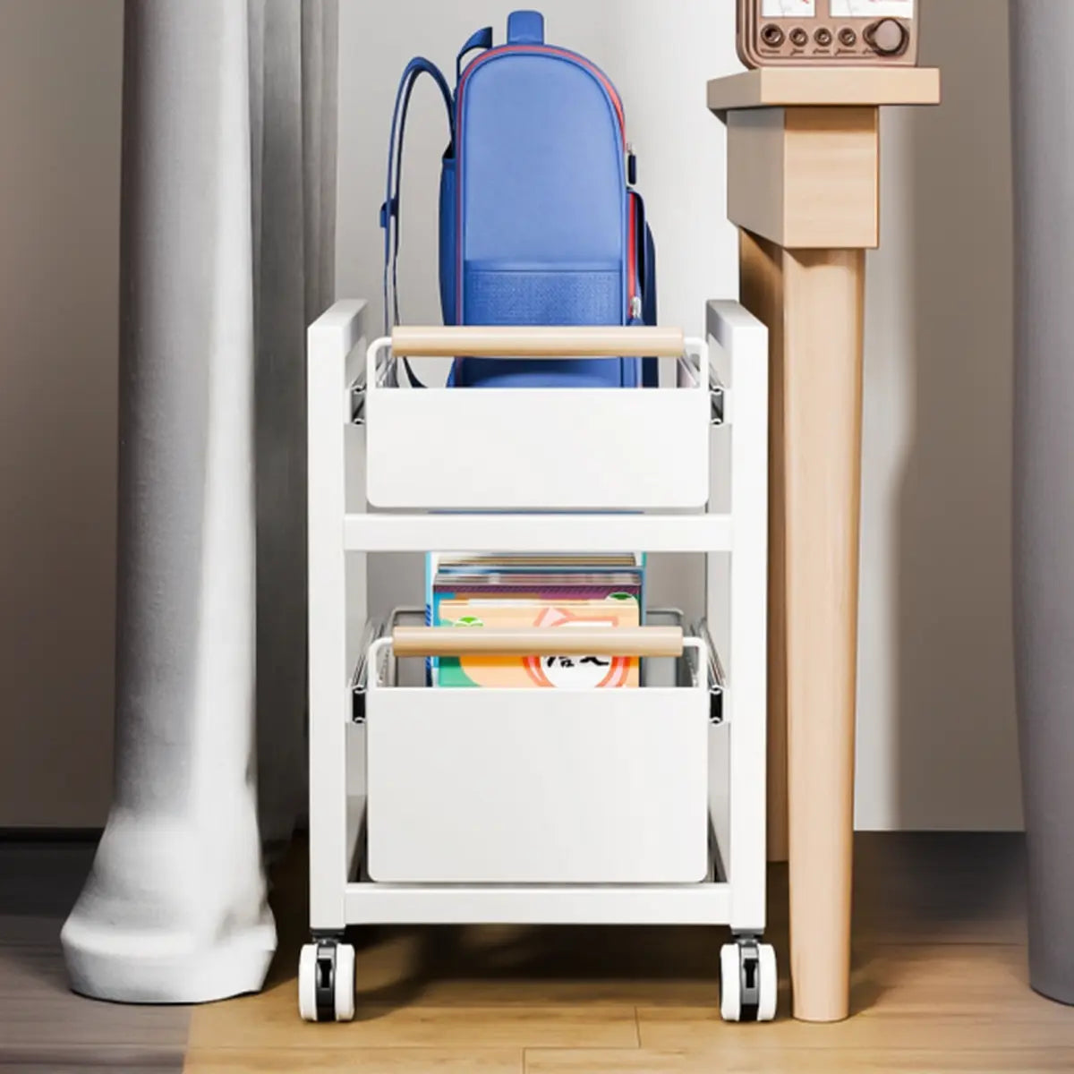 Cream Grey Metal Utility Carts with Bins and Shelves Image - 9