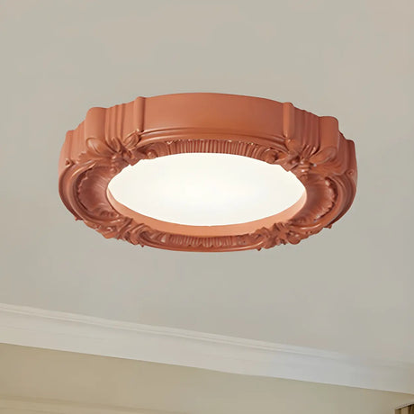 Cream Resin Round Carving LED Flush Mount Ceiling Light Image - 2