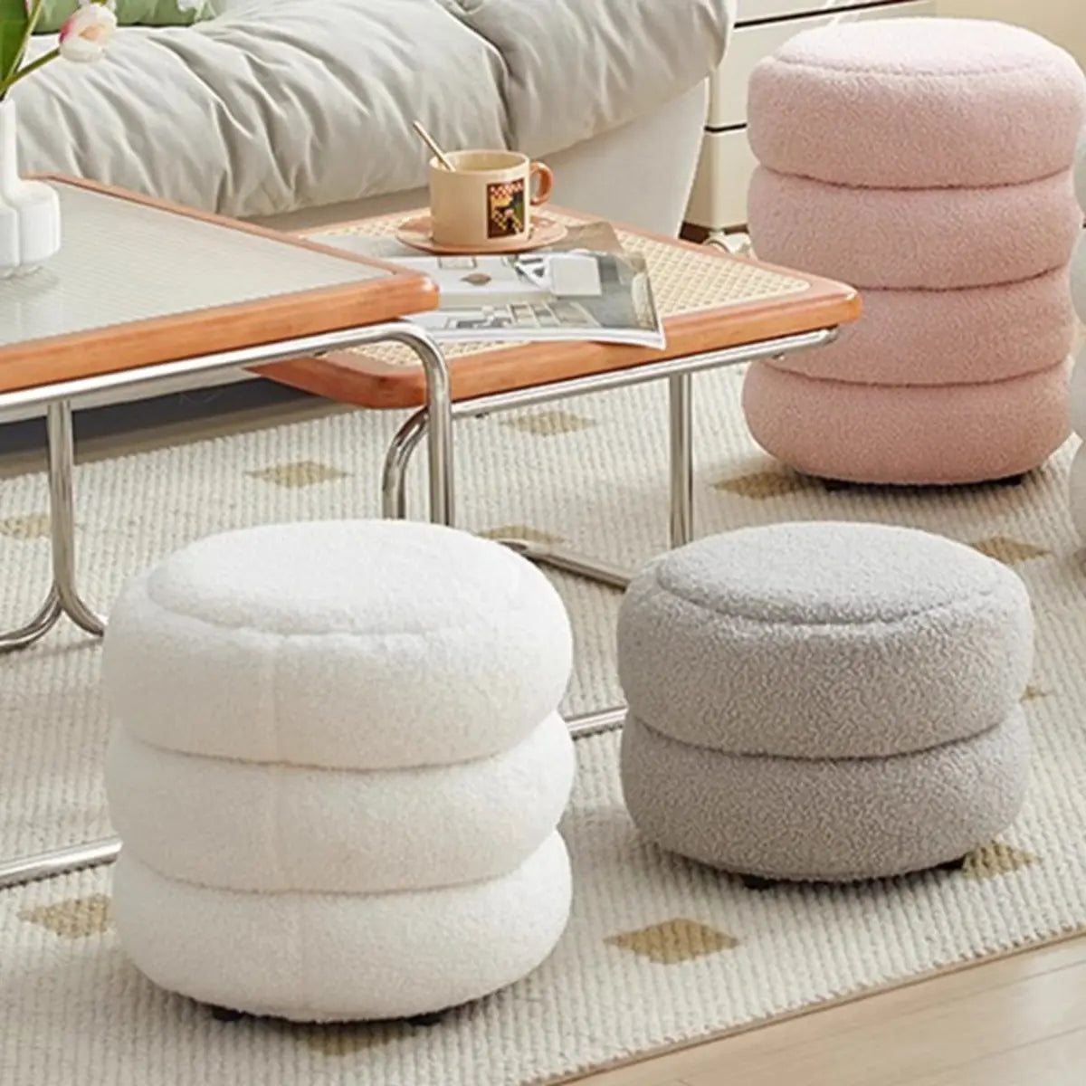 Cream Round Multi-Tier Sherpa Compact Ottoman Footstool Image - 1