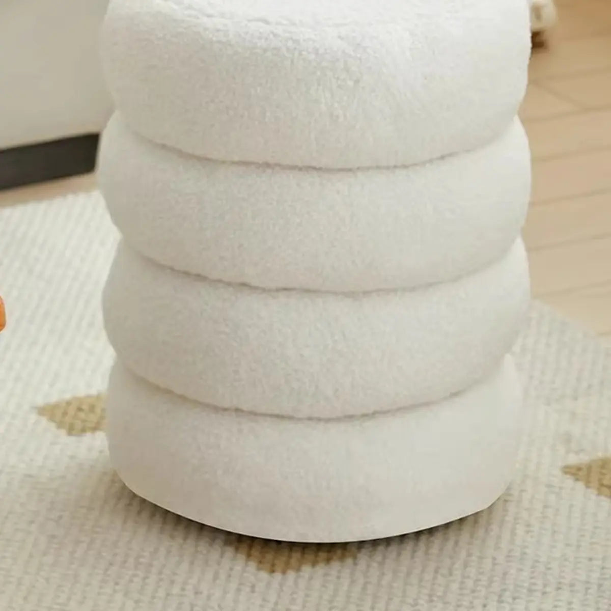 Cream Round Multi-Tier Sherpa Compact Ottoman Footstool Image - 19