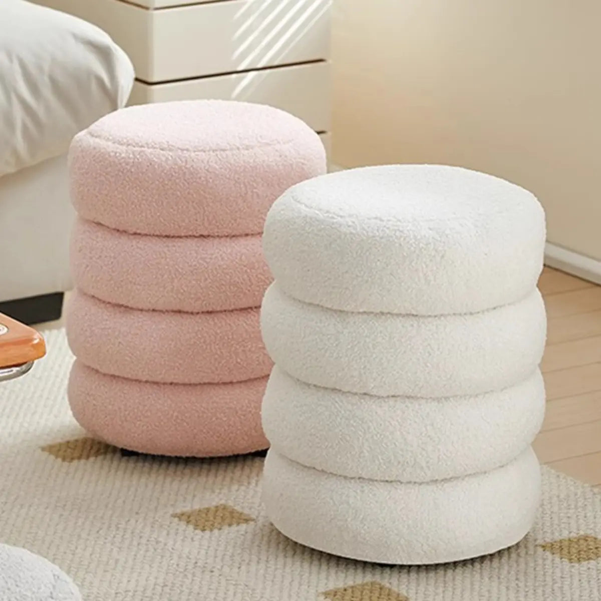 Cream Round Multi-Tier Sherpa Compact Ottoman Footstool Image - 2