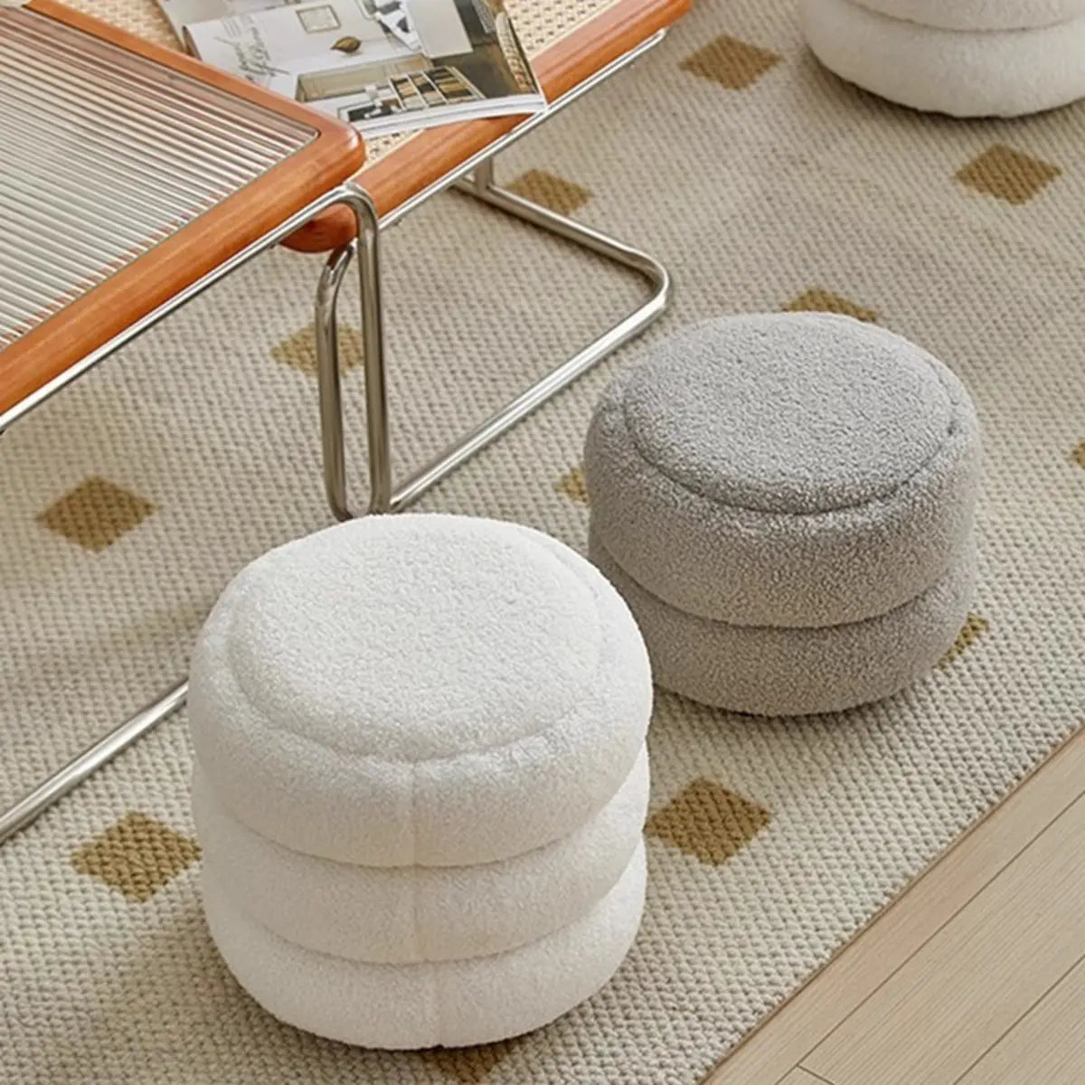 Cream Round Multi-Tier Sherpa Compact Ottoman Footstool Image - 3