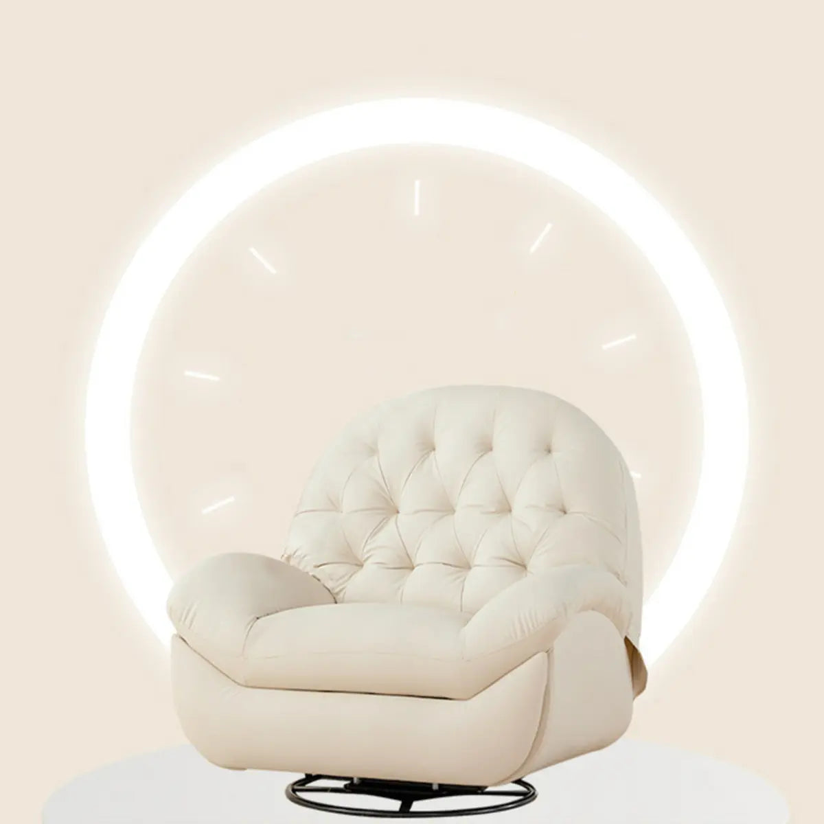 Cream Round Tufted Leather Small Swivel Recliner Chair Image - 1