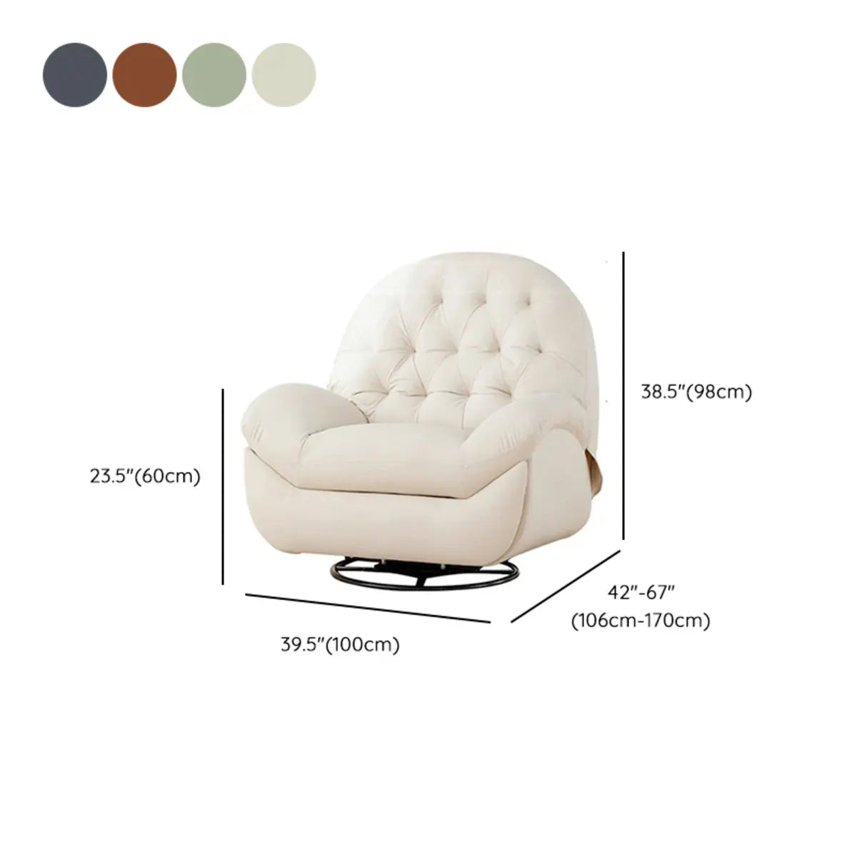 Cream Round Tufted Leather Small Swivel Recliner Chair 