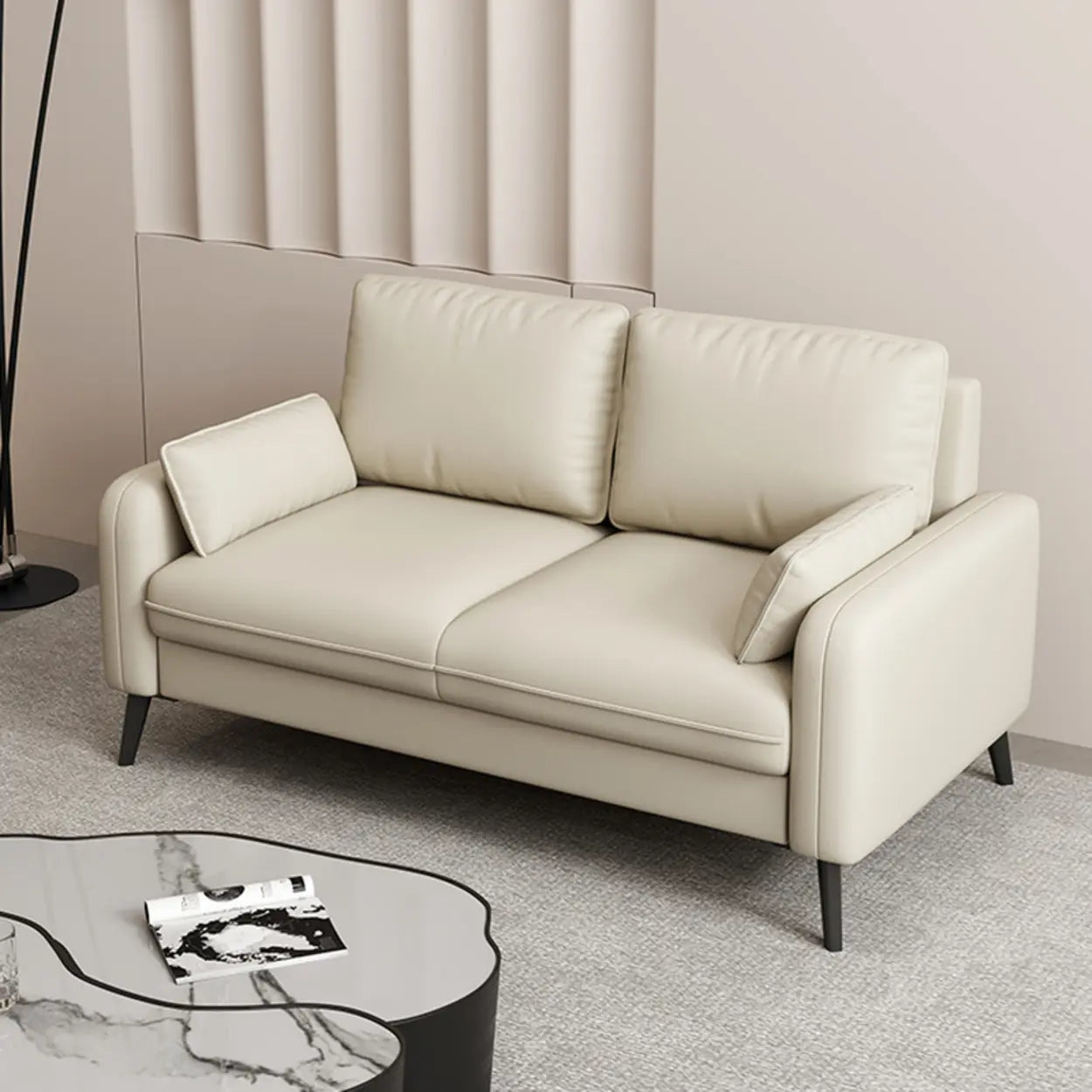 Cream Scratch Resistant Faux Leather Loveseat with Legs Image - 1