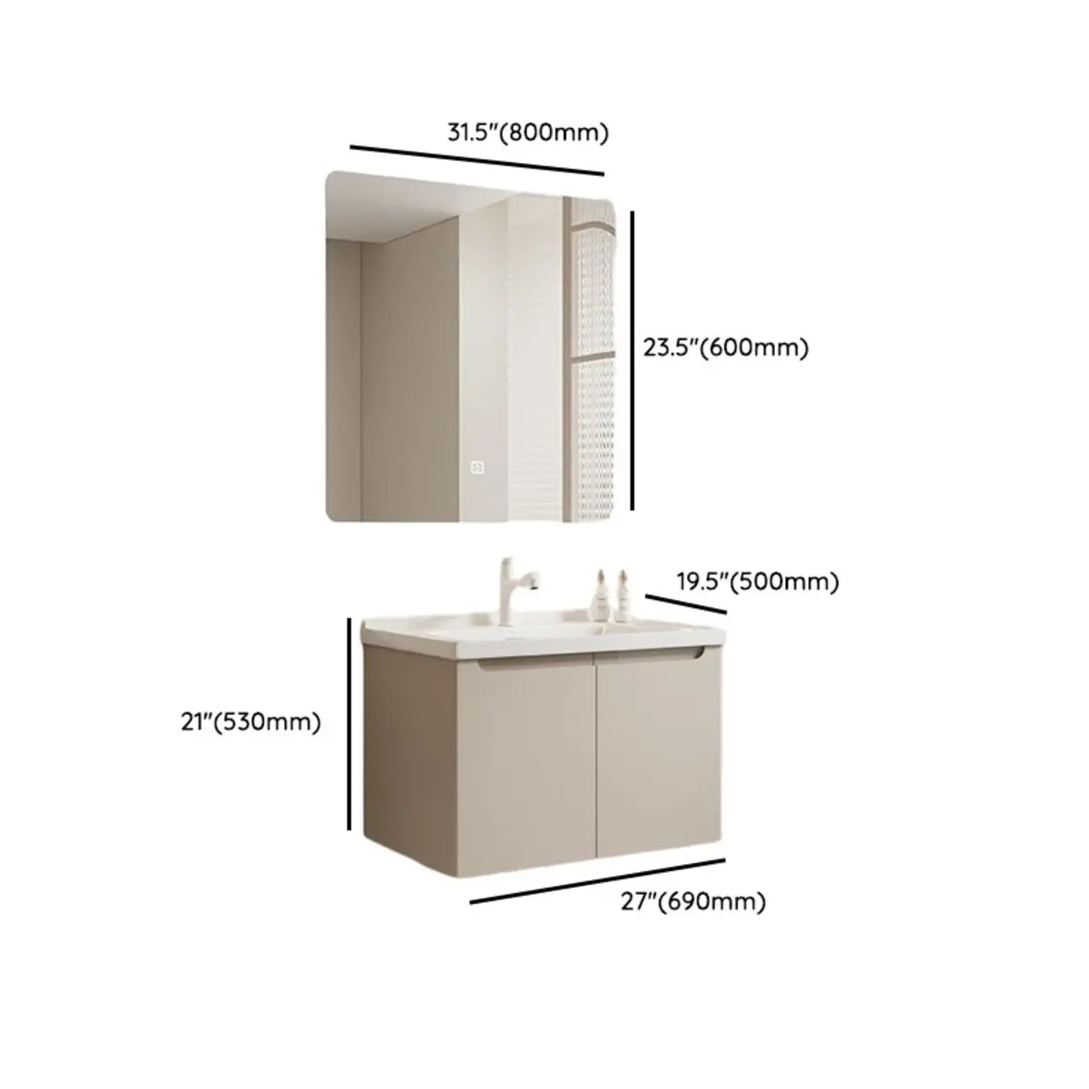 Cream Sink Ceramic Top Bathroom Vanity with LED Mirror 