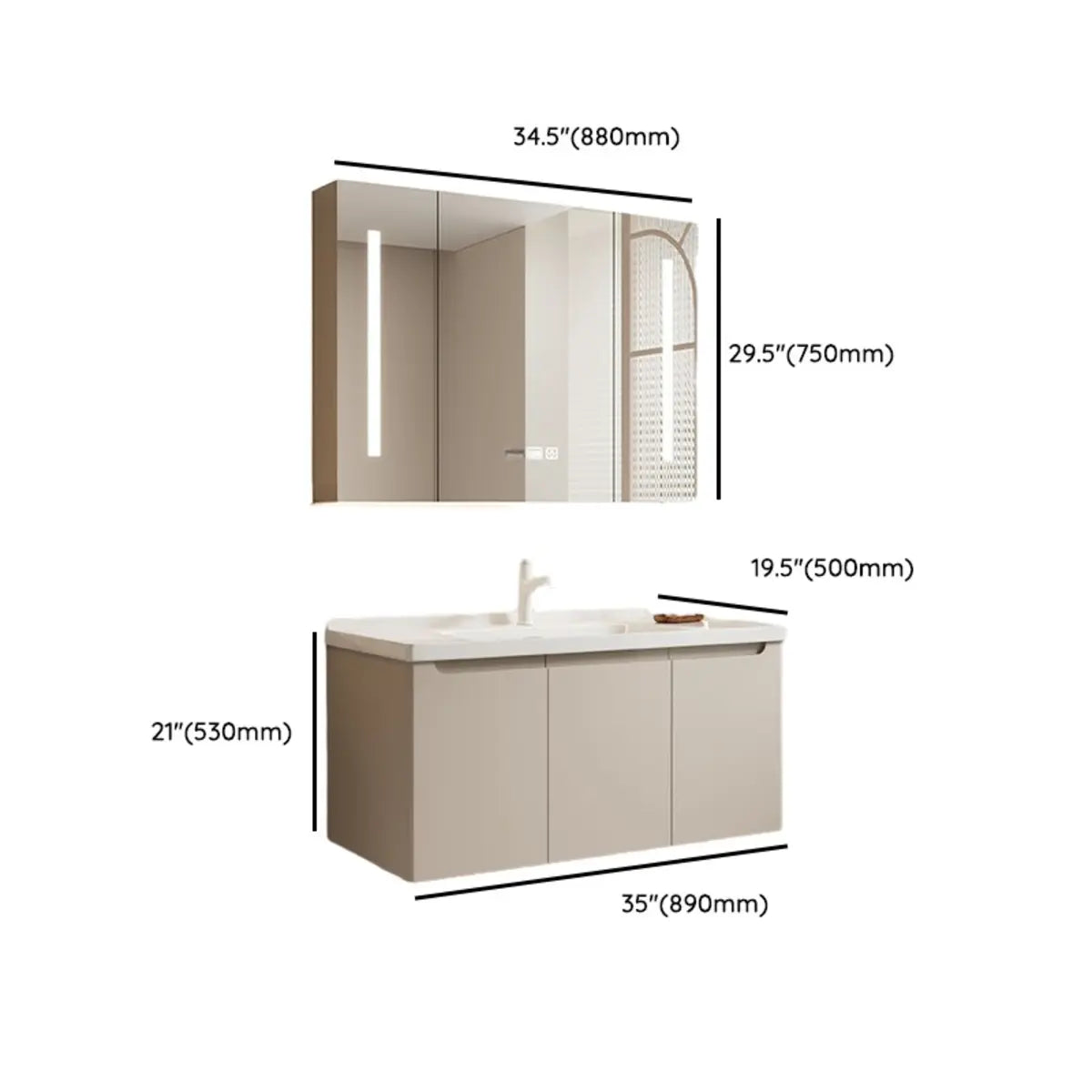 Cream Sink Ceramic Top Bathroom Vanity with LED Mirror Image - 27