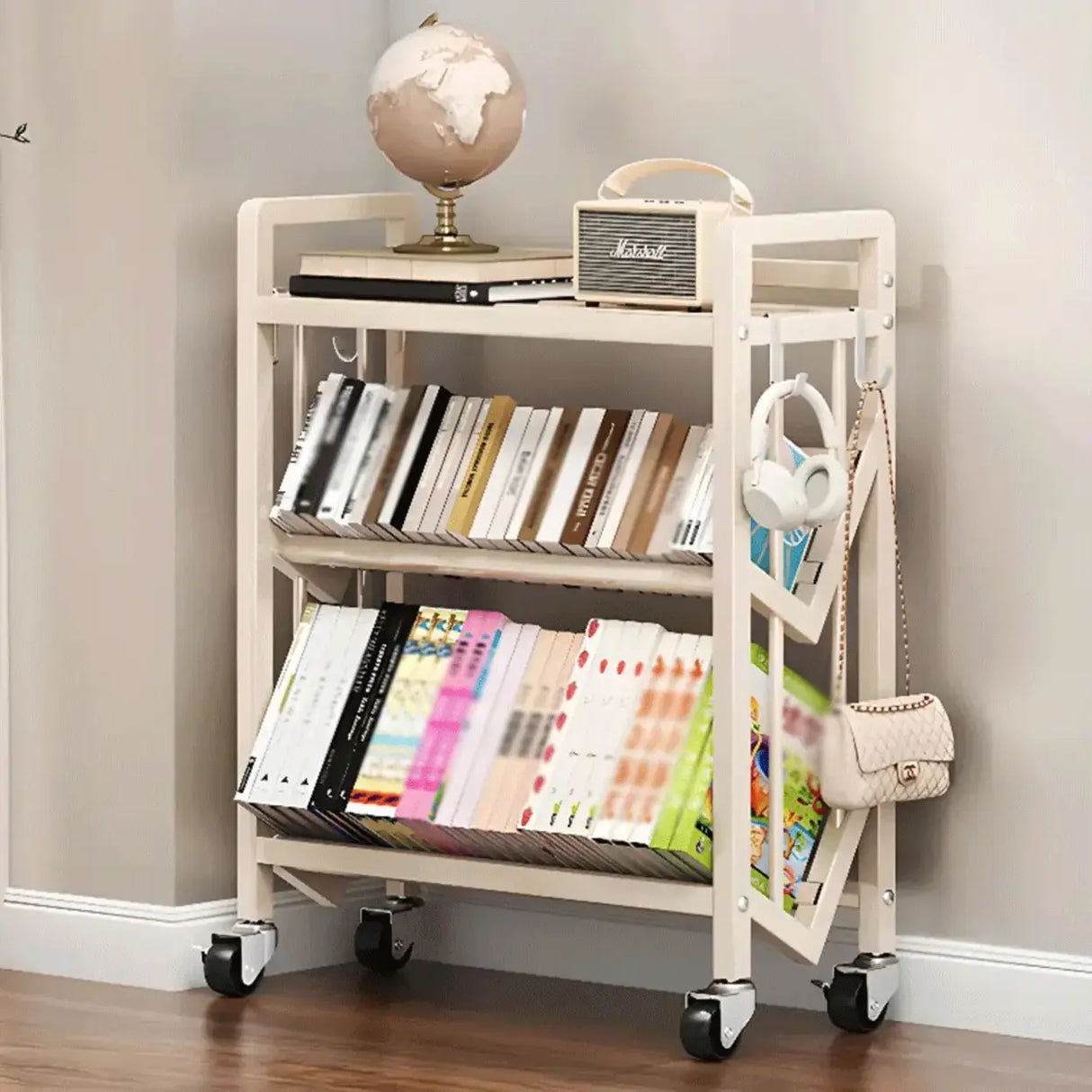 Cream Steel 3-Tier Shelves Utility Cart with 4 Casters Image - 3